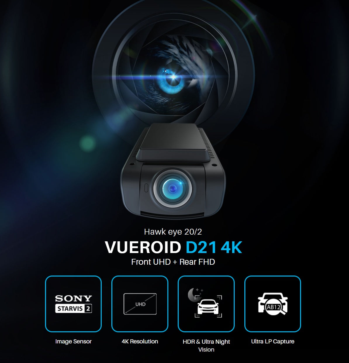 Vueroid D21-4K Front 4K UHD & Rear FHD 2 Channel Car Dashcam